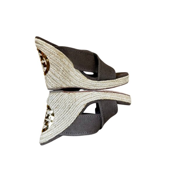 Tory Burch Kristen Brown Canvas Espadrille Wedge Sandals | Gold Logo Heel | 8.5 - Picture 8 of 10